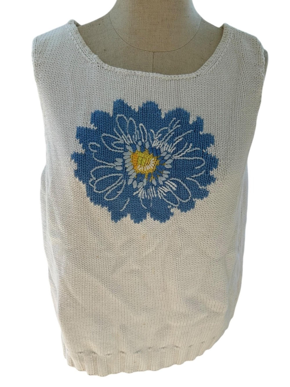 Liz Claiborne Vintage Blue flower sleeveless cotton sweater vest L